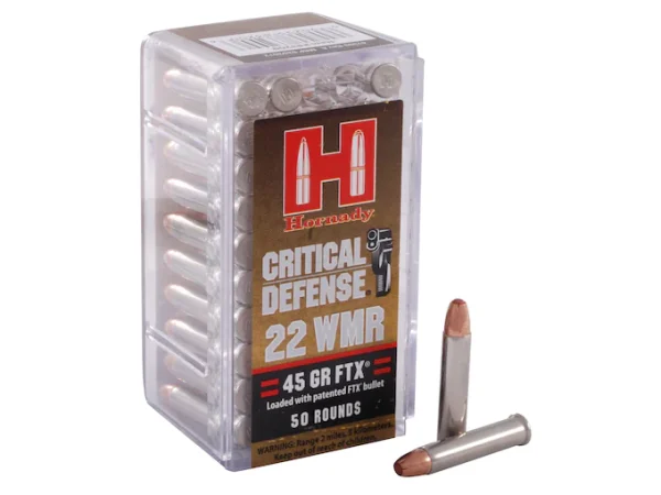 Buy Hornady Critical Defense 22 Winchester Magnum Rimfire (WMR) Ammo 45 Grain Hornady FTX Polymer Tip for sale